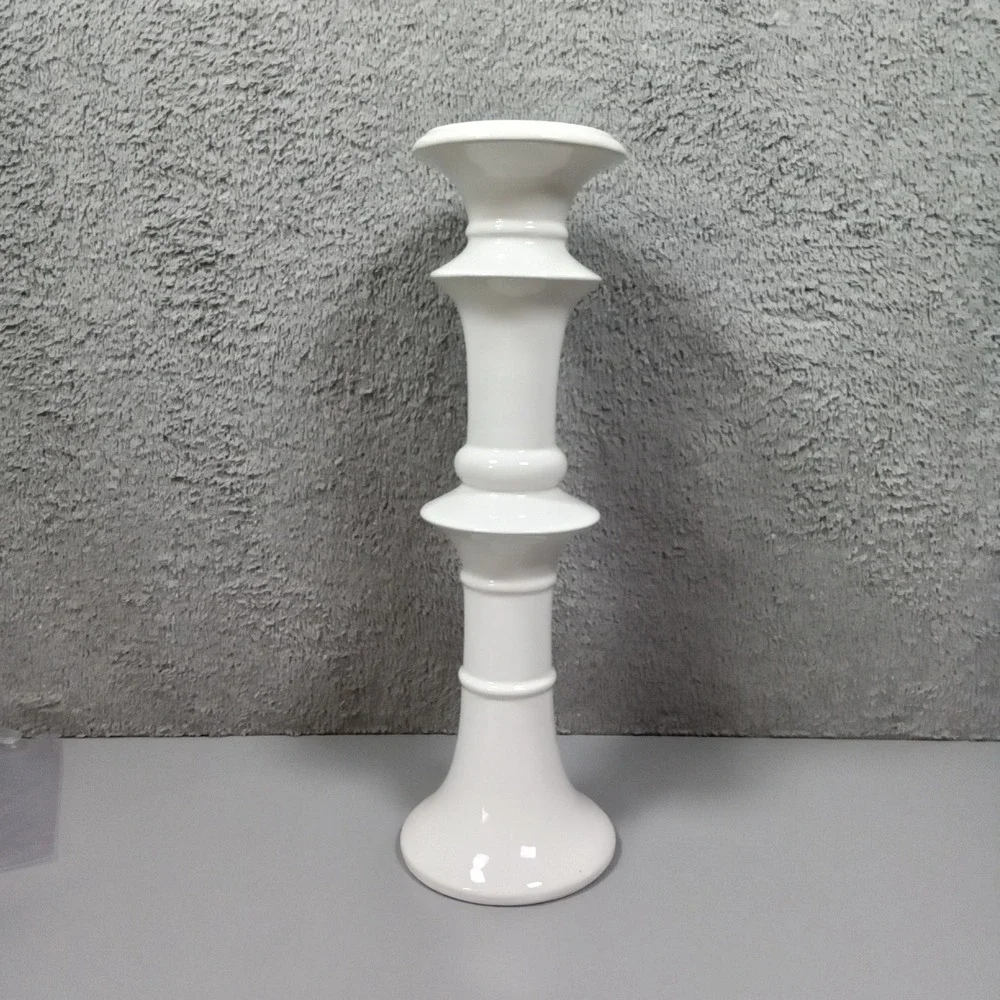 White‎ Glossy Ceramic Tiered Pillar Candle Holder Tall Sculptural Modern 15.5
